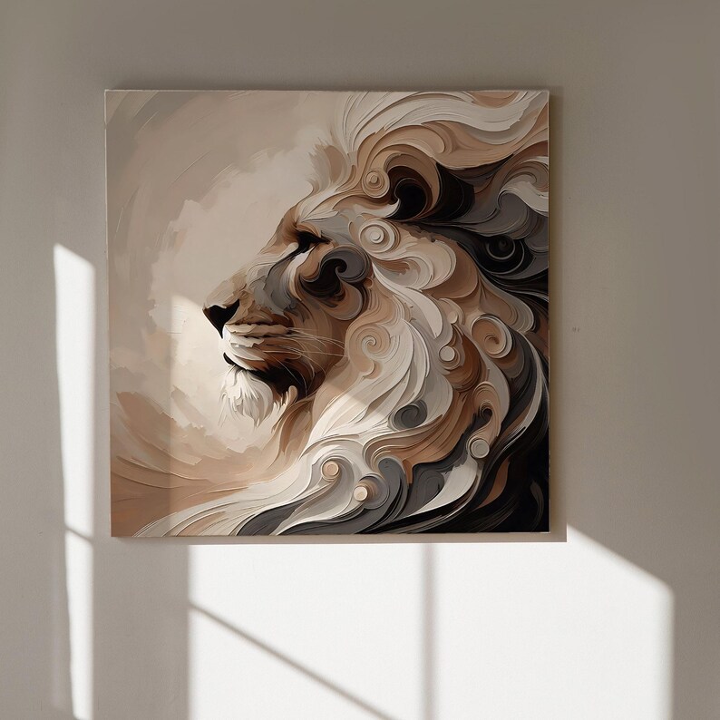 May include: Square canvas art featuring a profile of a lion's head. The artwork uses a palette of beige, brown, and gray tones, with a textured, layered effect. The lion's mane is depicted with swirling, stylized details.