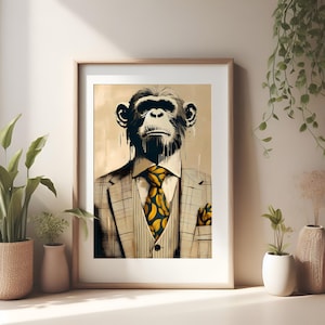 Abstract Dapper Chimp Formal and Fun Monkey in a Suit where Humor Meets Elegance Banana Tie Funky Animal Fashion Print Downloadable Painting
