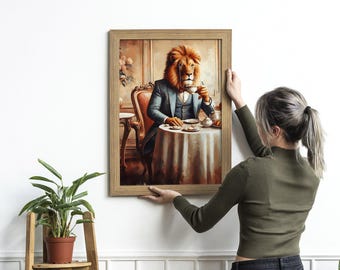 Elegant Lion in High Tea Setting - Sophisticated Digital Art Printable Refined Animal Portrait for Classic Décor Aesthetic Tea Time Wall Art