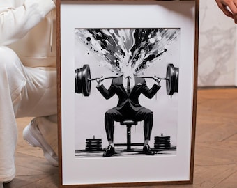 Suit up for the Gym Abstract Decor for Fitness and Stylish Gentlemen in Black and White Weightlifting in a Suit Printable Download Wall Art