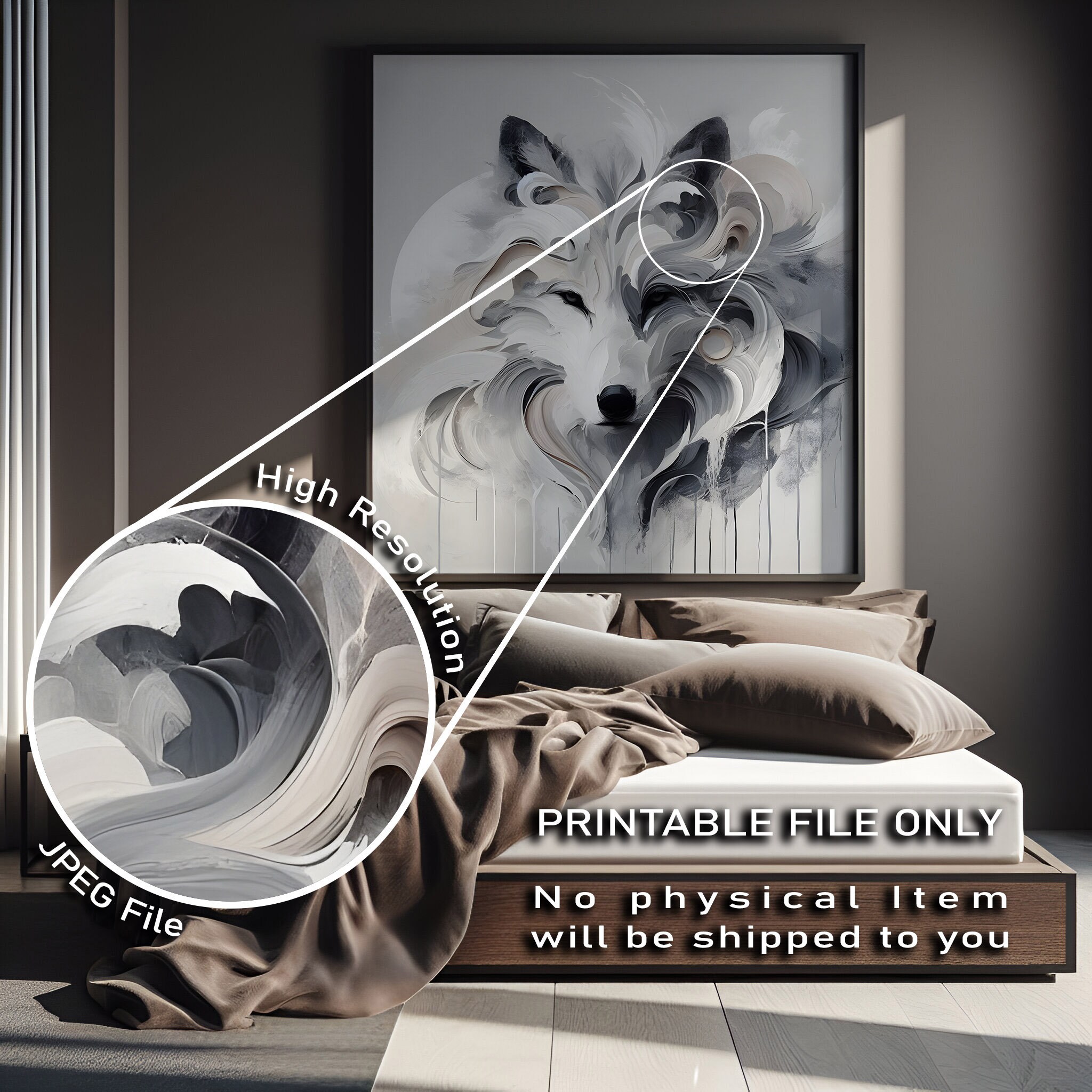 Minimal White Wolf Abstract Art Printable Download for Bedroom and