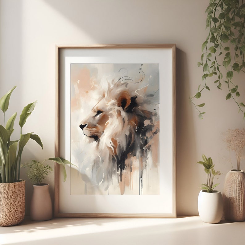 May include: A watercolor painting of a lion's head in profile, with a soft, dreamy background of muted colors. The lion's mane is flowing and detailed, with a sense of movement and energy.