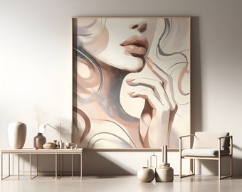 Minimalistic Beauty, Woman's Lips and Jawline, Bedroom Decor, Sensual Kiss Art, Esthetician, Nails, Fingertips Neutral Downloadable Wall Art