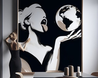 Frauen bestimmen die Welt Wandkunst, unabhängige Frau Boss Lady Welt in ihren Händen Herunterladbare druckbare weibliche Empowerment Dekor lecken die Welt