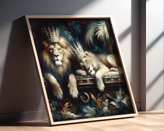 Royal Lion Couple Wall Art: King & Queen Lion Printable Poster, Regal Animal Couple Home Decor, Downloadable Print, Jungle Wedding Artwork