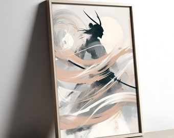 Japanese Artwork, Elegant Samurai Warrior, Minimalist Poster, Luxurious Living Room Decor, High-Class Bedroom Art, Neutral Tones, Designer