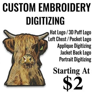 Peut inclure: Image publicitaire pour les services de numérisation de broderie personnalisée. Présente un écusson brodé d'une vache des Highlands. Le texte comprend "Logo de chapeau", "Logo 3D Puff" et "À partir de 2 €."