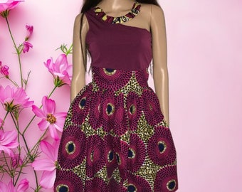 Jupe midi africaine - jupe wax- jupe ethnique- jupe pagne -africaine -wax -ethnique- ankara- évasée- plissée- ceinture large- jupe rose