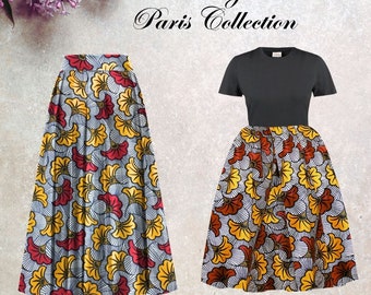 Robe africaine -  midi - robe wax - robe africaine t-shirt -robe fleurs de mariage - jupe robe africaine midi - longue - femme - vert