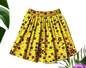 Jupe wax -Jupe -jaune- étoiles - jupe longue - jupe courte - ethnique - pagne- wax- longue - femme - africaine - bogolan