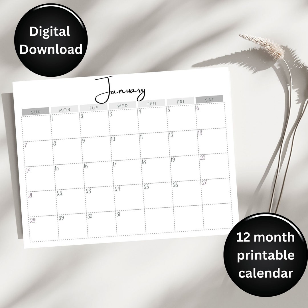 2024 Printable Calendar Black and White Instant Download Monthly Wall ...