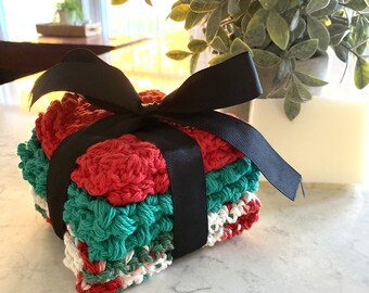 Handmade Cotton Crochet Dishcloth in Red, Green & Multi-Color