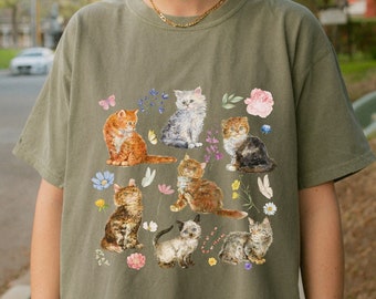 Comfort Colors® Cottagecore Kittens and Flowers Shirt Pressed and Painted Flower Aesthetic Wildflower Cat Clothing Gift Vintage Indie Style