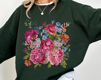 Vintage Wildflowers Sweatshirt Boho Cottagecore Crewneck Pastel Botanical Floral Pullover Fairycore Oversized Roses and Peonies Sweatshirt