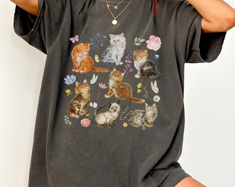 Comfort Colors® Cottagecore Kittens and Flowers Shirt Pressed and Painted Flower Aesthetic Wildflower Cat Clothing Gift Vintage Indie Style