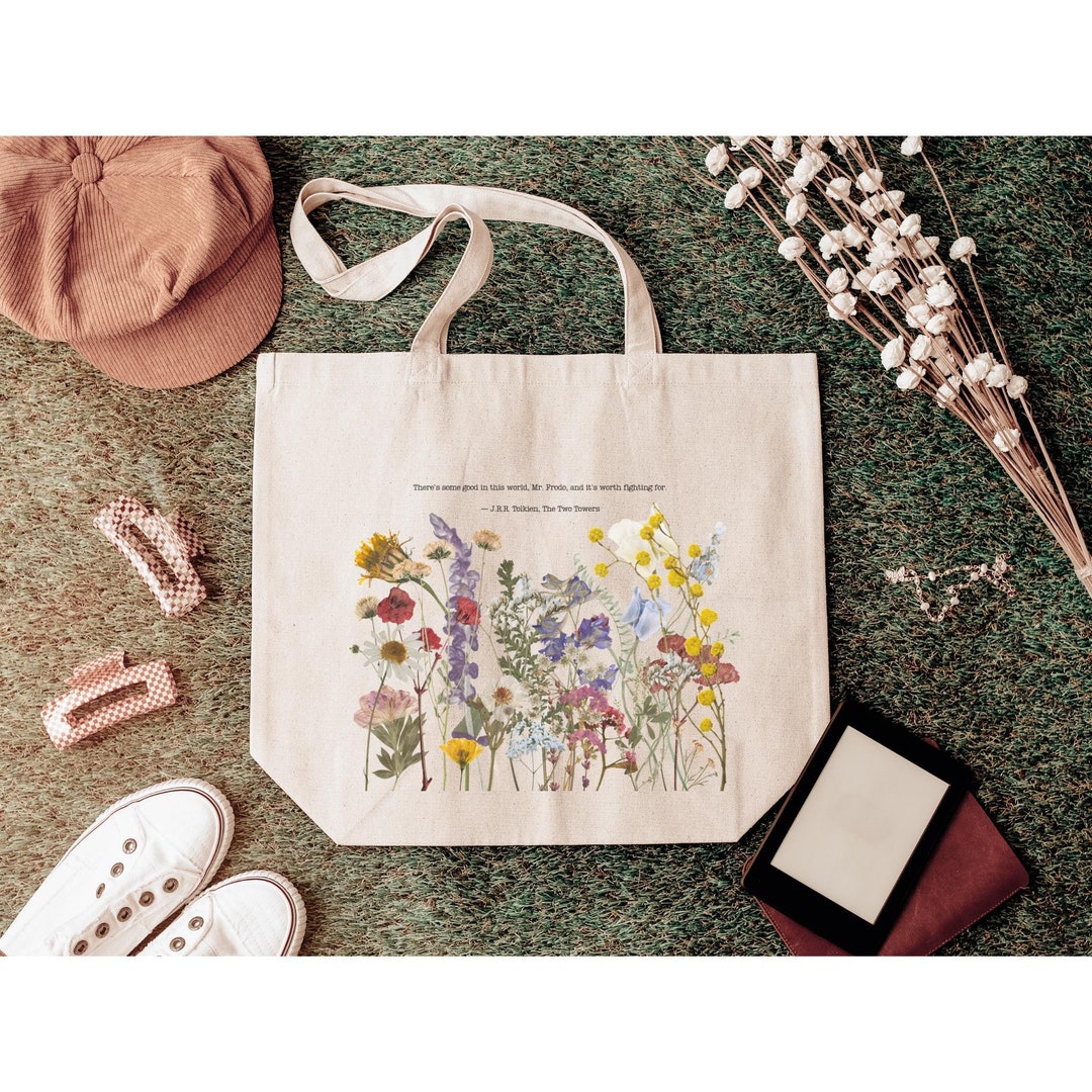 LOTR Book Bag Pressed Flowers Lord of the Rings Gift Large Tote Bag Bookish Present Tolkien Gandalf Light Academia the Shire Rivendell - Etsy