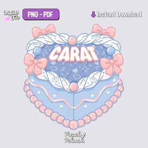 Puede incluir: Ilustración digital de un pastel en forma de corazón en tonos azules y rosas, adornado con lazos, perlas y la palabra "CARAT". El diseño incluye detalles de diamantes y estrellas, con texto que indica un archivo digital disponible para descarga instantánea.
