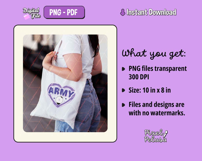 May include: A white tote bag with a purple heart design that says "ARMY" in white letters. The heart has a white circle inside with a purple star. The bag is being held by a person.