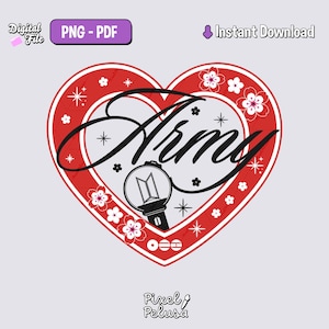 Puede incluir: Un dise&ntilde;o digital con un coraz&oacute;n rojo con borde blanco y la palabra "Army" en escritura negra. El coraz&oacute;n est&aacute; decorado con flores y estrellas blancas. Un bast&oacute;n de luz en blanco y negro est&aacute; en el centro. El dise&ntilde;o incluye el texto "PNG - PDF" y "Descarga instant&aacute;nea".
