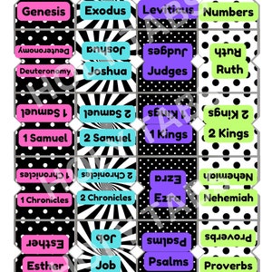 May include: A colorful chart with the names of the books of the Bible. The chart is divided into 16 squares, each with a different color and pattern. The names of the books are written in black letters on a white background.