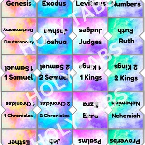 May include: A set of colorful Bible tabs with a watercolor effect. Each tab features a book of the Bible in both English and a stylized font. The tabs are arranged in a grid pattern with a white diamond shape in the center of each tab.