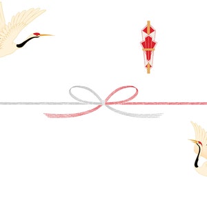 May include: A white background with two white cranes, one flying and one standing. A red and gold decorative element is in the center of the image. A white and red ribbon is tied in a bow below the decorative element.