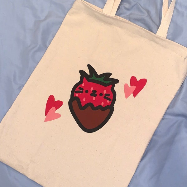 Chocolate Strawberry Cat Tote Bag, Hand Sewn Kawaii Canvas Pocket Bag, Handmade Gift for Cat Lovers, Valentine’s Day Cat Food Art Accessory