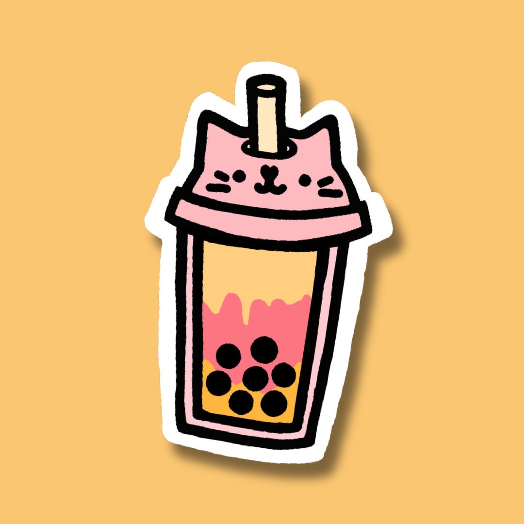 Strawberry Boba Cat Sticker, Kawaii Stationery, Gift for Cat Lovers
