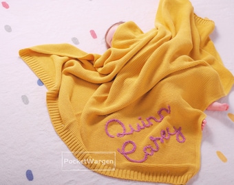 Embrace Cozy Moments: Personalized Hand-Embroidered Knit Baby Blanket - Your Custom Name Swaddle Bliss