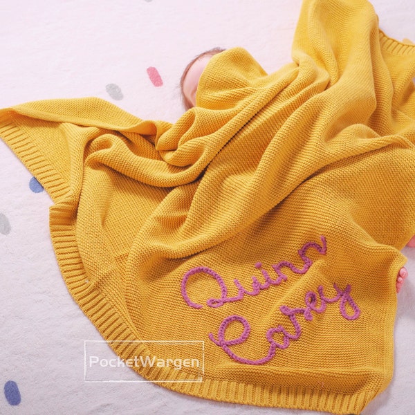 Personalized Hand Embroidered Knit Baby Blanket Custom Name Swaddle Etsy