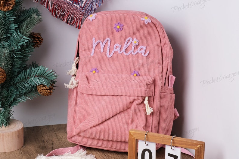 Personalized Corduroy Backpack: Hand-Embroidered School Bags for Kids and Toddlers zdjęcie 5