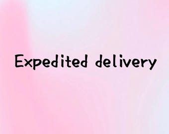 May include: The text Expedited delivery is written in a simple black sans-serif font centred against a soft, gradient background that transitions from a pale, muted pink on the left to a light, cool-toned blue on the right side.
