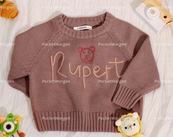 Custom Embroidered Name Sweater: Handmade Knit Birthday Jumper for Baby and Toddler, Personalized Newborn Boy and Girl Outfit