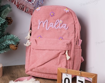 Personalized Corduroy Backpack: Hand-Embroidered School Bags for Kids and Toddlers