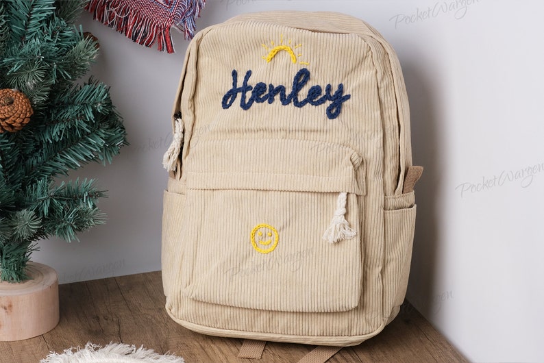 Personalized Corduroy Backpack: Hand-Embroidered School Bags for Kids and Toddlers zdjęcie 3