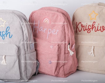 Personalized Corduroy Backpack: Hand-Embroidered School Bags for Kids and Toddlers