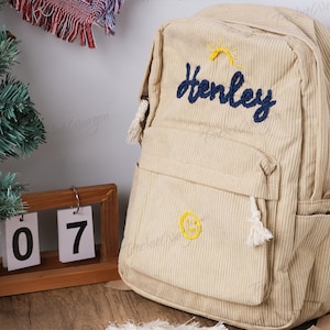 Personalized Corduroy Backpack: Hand-Embroidered School Bags for Kids and Toddlers zdjęcie 2