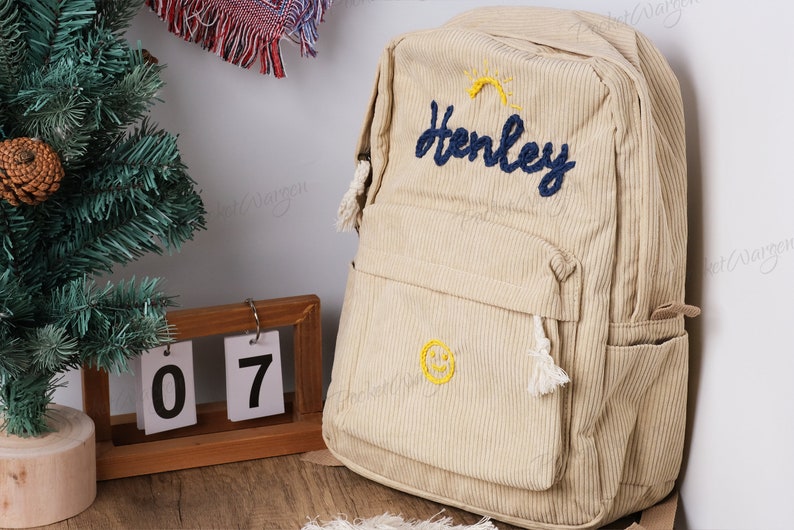 Personalized Corduroy Backpack: Hand-Embroidered School Bags for Kids and Toddlers image 2