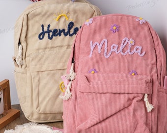 Personalized Corduroy Backpack: Hand-Embroidered School Bags for Kids and Toddlers