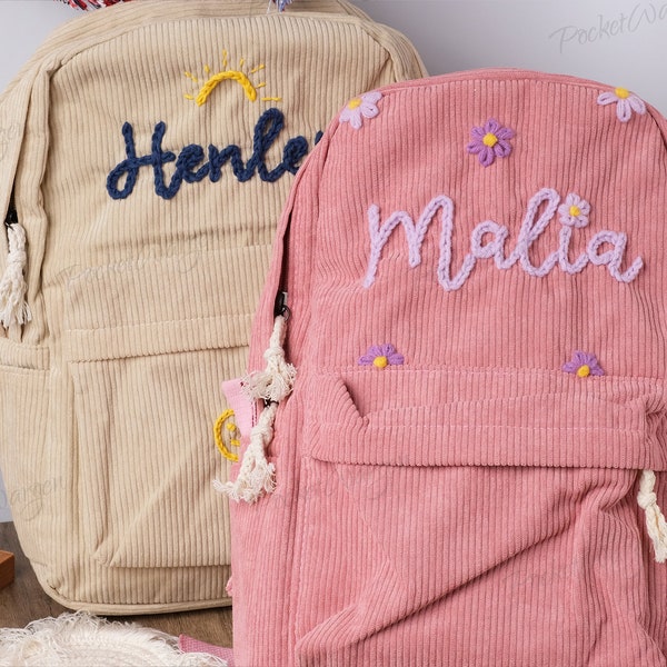 Mochila de pana personalizada: Mochilas escolares bordadas a mano para niños y niños pequeños