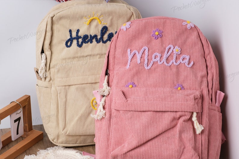 Personalized Corduroy Backpack: Hand-Embroidered School Bags for Kids and Toddlers image 1