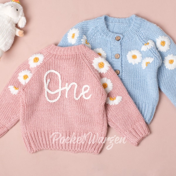 Suéter de margaritas personalizado: nombre bordado a mano, cárdigan floral para bebé
