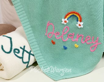 Custom Knit Baby Blanket with Hand-Embroidered Name – Soft and Cozy Swaddle, Perfect for Newborns and Baby Shower Gifts
