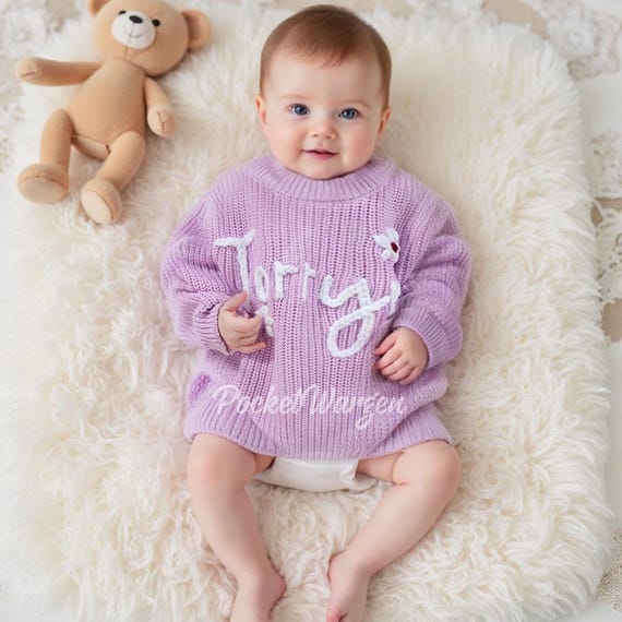 Maglione Personalizzato Per Neonata Con Nome Ricamato - Lavorato A Maglia, Morbido Cotone, Regalo Baby Shower - Foto 7