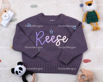 Custom Embroidered Name Sweater: Handmade Knit Birthday Jumper for Baby and Toddler, Personalized Newborn Boy and Girl Outfit