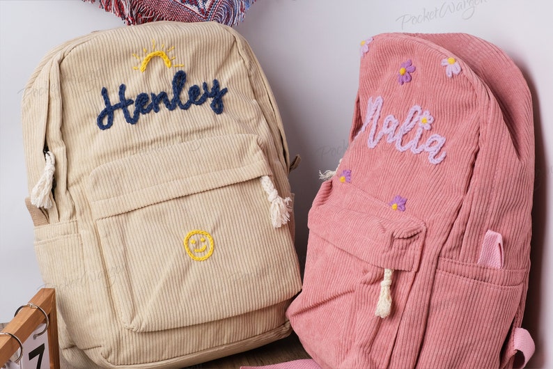 Personalized Corduroy Backpack: Hand-Embroidered School Bags for Kids and Toddlers zdjęcie 4