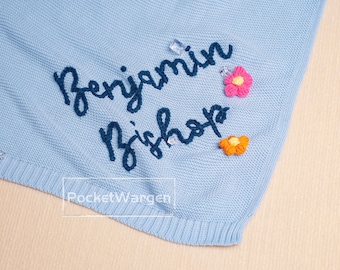 Embrace Cozy Moments: Personalized Hand-Embroidered Knit Baby Blanket - Your Custom Name Swaddle Bliss