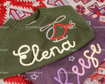 Pull personnalisé avec prénom brodé : pull d'anniversaire en tricot fait main pour bébé et tout-petit, tenue personnalisée pour nouveau-né garçon et fille