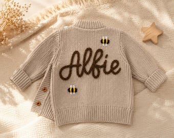 Custom Name Hand Knitted Baby Cardigan, Personalized Embroidered Knit Sweater, Neutral Newborn Keepsake Gift