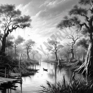 Escena rústica de pantano de Luisiana: PNG grabado con láser (archivo digital)